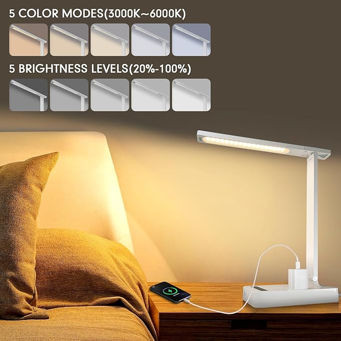 Desk Lamp with 4-Port Charging Station (2 AC Outlets, USB-C, USB-A), 5 Color Modes & Adjustable Brightness, Flexible Gooseneck Arm, Eye-Protecting LED Light Source, Ideal for Home Offices & Bedrooms