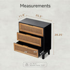 COZAYH Farmhouse 3-Drawer Nightstand, Set of 2 Woven Cane Front Accent Dresser with Brass Pull, Fully-Assembled, Black