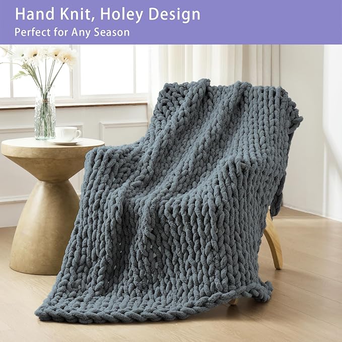 Bigacogo Chunky Knit Throw Blanket for Couch, 80x90 inches, 100% Hand Knitted with Thick Jumbo Chenille Yarn, Cozy Soft Large Rope Knot Cable Crochet Blankets for Sofa Bed Living Room, Iron Gray