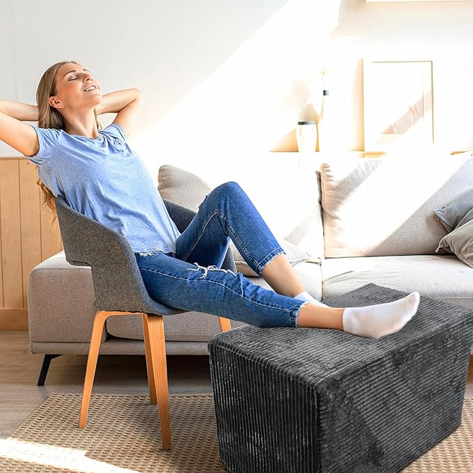 Rectangular Stuffed Pouf Ottoman with Foam Chunk Filling, Coral Fleece and Furry Fabric Design, Multi-Functional Floor Pouf for Living Room, Dark Grey