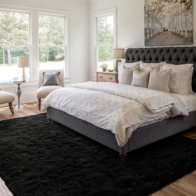 4x6 Ft Shag Black Rugs for Bedroom Living Room, Ultra Soft Fluffy Furry Area Rugs for Indoor Floor, Aesthetic Carpet for Kids Home Decor