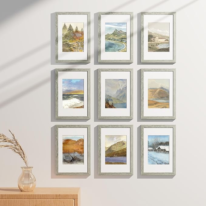 Vittanly 8x12 Picture Frames Set of 9, Shatter Resistant Plexiglass, Display 6x8 Pictures with Mat or 8x12 without Mat, Photo Frames for Wall or Tabletop, Engineered Wood, Grey