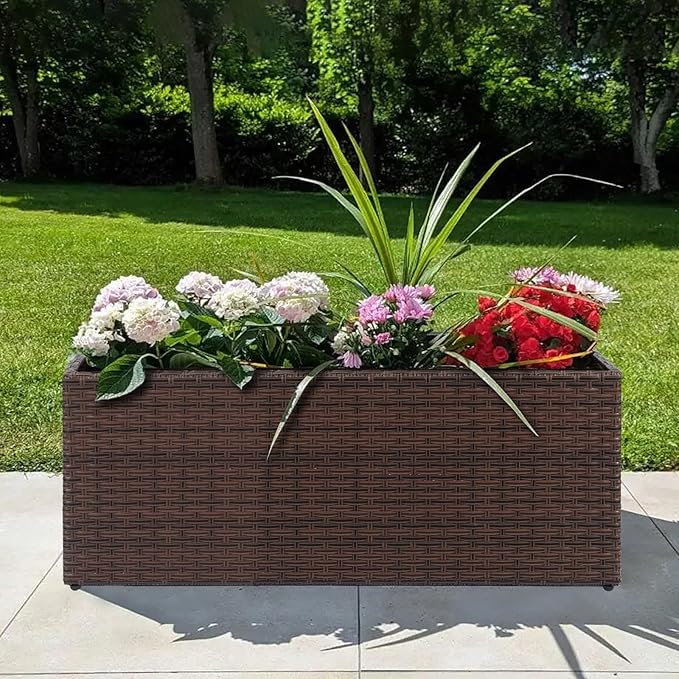 SUNNYPARK Set of 2 Large Rectangular Planter with Removable Liner, All-Weather PE Rattan Modern Planters Indoor Outdoor Flower Plant Pots Garden Box Patio Yard Front Porch Deck