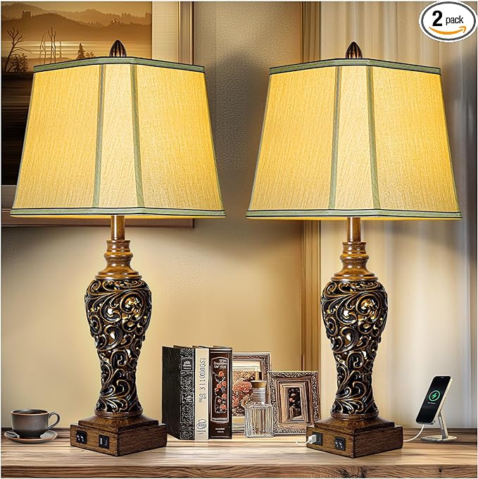 28.5'' Tall Farmhouse Vintage Table Lamp Set of 2 with Faux Silk Shade USB Ports Nightlight Decor for Bedside Living Room Bedroom Nightstands Office Home, Dark Bronze(Bulbs Included)