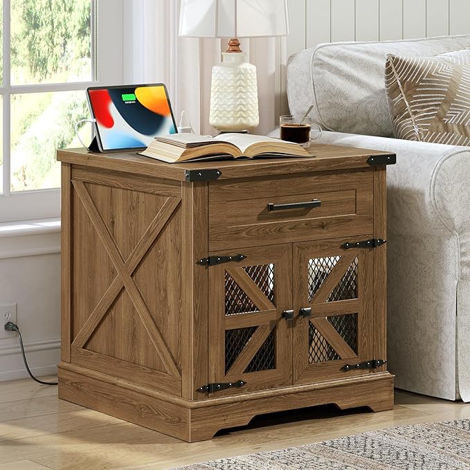 Farmhouse End Table Set of 2, 24" Large Sofa Side Table with Drawer, Large End Table for Living Room, Wooden Nightstand with Charging Station, Square, Walnut