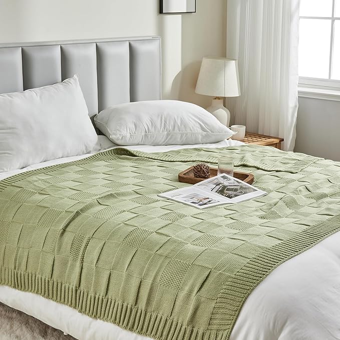 CozeCube Check Knit Throw Blanket, Sage Green Checkered Throw for Couch, Decorative Christmas Soft Cozy Warm Knitted Blanket for Bed Sofa Living Room, 50"X60"