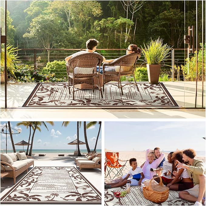 COCOER Outdoor-Rug 8x10 ft Waterproof Reversible Outdoor Plastic Straw Rug RV Indoor Outdoor Carpet Quick Dry Patio Rug Camping Mat for Balcony Backyard Picnic Beach-Brown&Beige