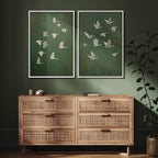 SIGNFORD Framed Canvas Print Wall Art Set Flight of Cranes Elegant Birds in Soft Green Hues Illustration Modern Art Decorative Nordic Nature for Living Room, Bedroom, Office - 24"x36"x2 White
