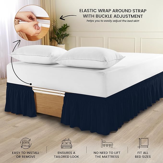 Utopia Bedding Queen Elastic Bed Ruffle - Easy Wrap Around Ruffle - Microfiber Bed Skirt with Adjustable Elastic Belt 16 Inch Tailored Drop - Hotel Quality Bedskirt, Fade Resistant (Queen, Navy)