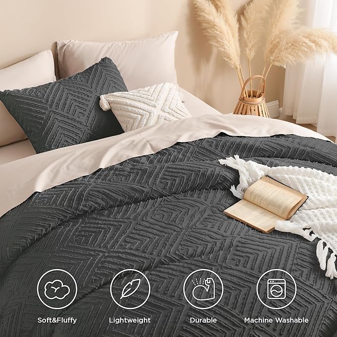 Andency Dark Grey Comforter Set Queen, Gray Lightweight Fluffy Bedding Comforter Sets for Queen Bed, 3 Pieces Tufted Farmhouse Shabby Chic Bed Set for All Seasons (1 Comforter 90x90In, 2 Pillowcases)