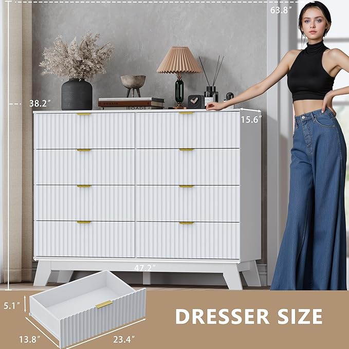 Fluted 8 Drawer Tall Dresser, 47.2" Wide Modern Boho Chest of Drawers, Wooden Storage Dresser TV Stand for Bedroom, Living Room, Closet, Hallway, Curved Profile Design