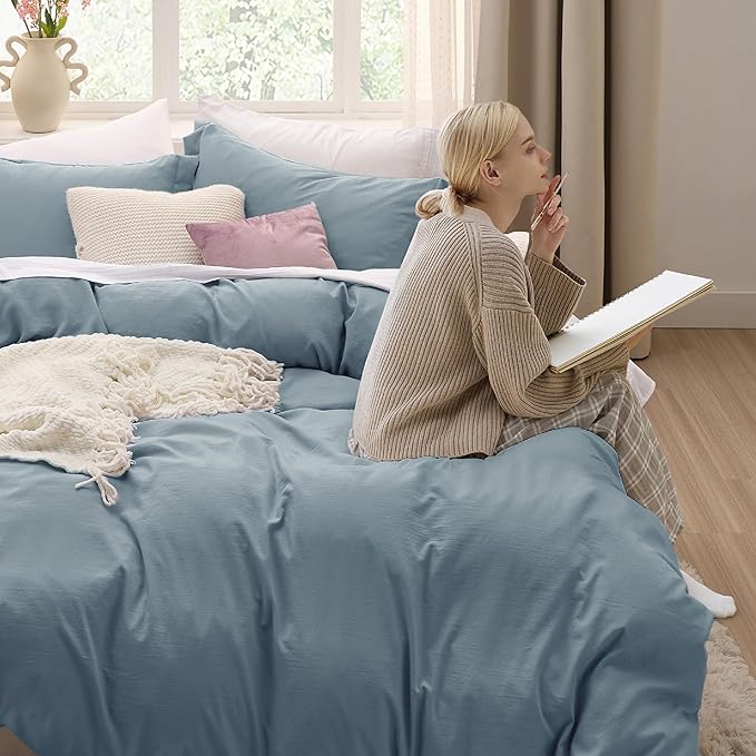 Bedsure Mineral Blue Duvet Cover Full Size - 3 Pieces Prewashed Extra Soft Cotton-Like Bedding Set, Includes 1 Duvet Cover 80x90 Inches with Zipper Closure & 2 Pillow Shams, Comforter Not Included