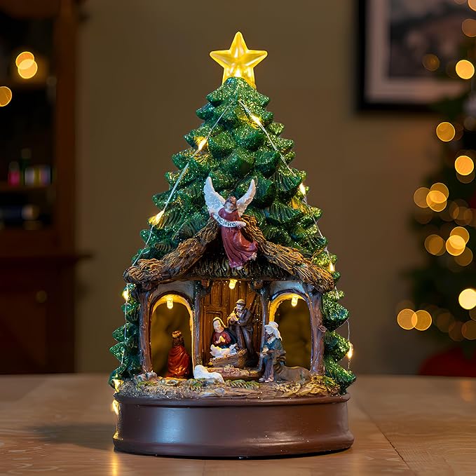Christmas Tree Animated Ratating Manger Nativity Scene, Musical Angel Holy Family Figurines LED Light Play Silent Night Music, Xmas Decor Gift, Tabletop Decorative Holiday Home Decorations
