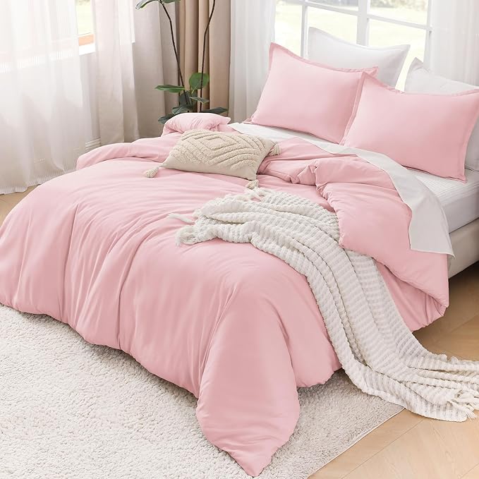 Litanika Comforters Pink Oversized King Size, 3 Pieces Lightweight Solid Bedding Set & Collections, All Season Fluffy Bed Set (120x98In Comforter & 2 Pillowcases)