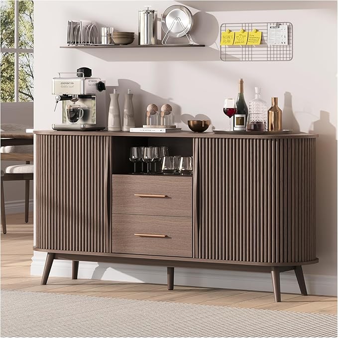 63" Storage Cabinet with Doors,Sideboard Buffet Cabinet, Accent Console Cabinet with Solid Wood Legs and Drawers,Fluted Buffet Table for Living Room, Entryway, Kitchen, Walnut