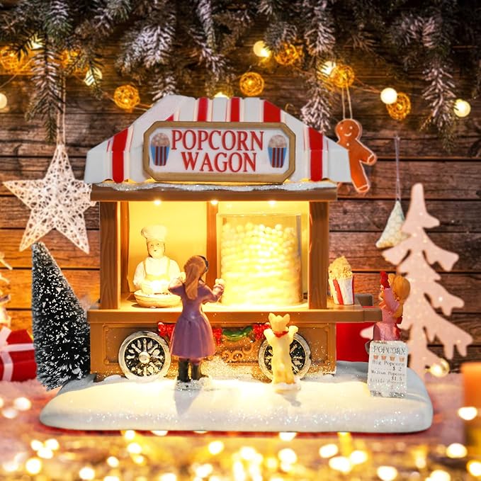 Christmas Village Collectible Buildings Christmas Village Houses Popcorn House with LED Light Musical USB Indoor Figurines Decoration Indoor Xmas Decor