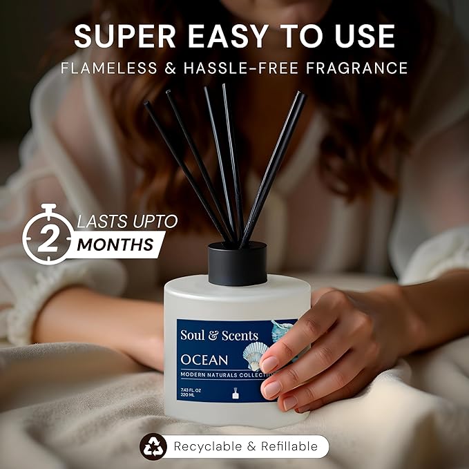 Soul & Scents Reed Diffuser Set – Ocean | 7.43 oz Refillable Scented Oil with 6 Fiber Sticks | Long-Lasting Home Fragrance & Air Freshener for Bedroom, Bathroom, Office | Gift & Décor Piece