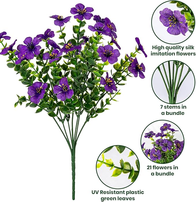 20 Bundles Artificial Flowers for Outdoor Fake Plants for Spring Decoration,Faux Eucalyptus Flowers for Planter UV Resistant Lifelike for Home Porch Garden（Purple）