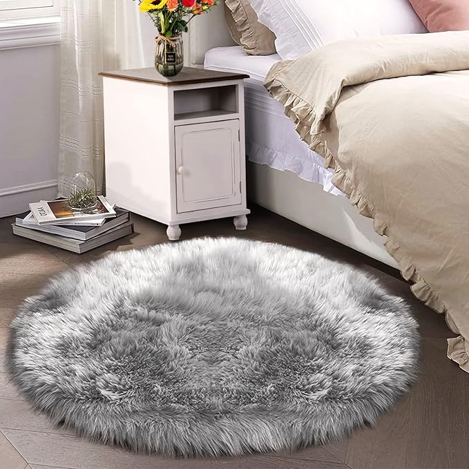 Latepis Round Grey Rugs 6.7ft Faux Sheepskin Fur Circle Rug Fluffy Rugs for Living Room Washable Furry Nursery Shaggy Rug Luxury Home Decor