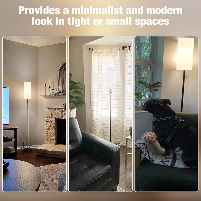 Ambimall Floor Lamp for Living Room with 3 Color Temperatures Bulb, 64" Standing lamp with Linen lampshade for Bedroom, Minimalist Pole Lamp, White Shade & Black Pole