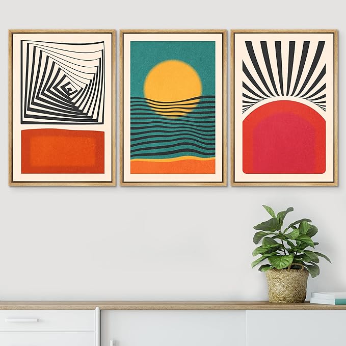 SIGNWIN Framed Canvas Print Wall Art Set Mid-Century Rising Sun & Color Blocks Abstract Geometric Illustrations Graffiti & Street Art Modern Art for Living Room, Bedroom, Office - 24"x36"x3 Natural