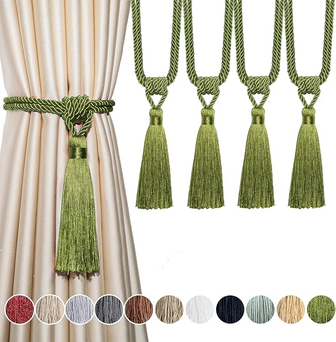 Fenghuangwu Curtain Tiebacks Tassel Tie-Backs, Rope Curtain tie Backs Handmade Curtain Holdbacks Made from Polyester (Green, 4p)