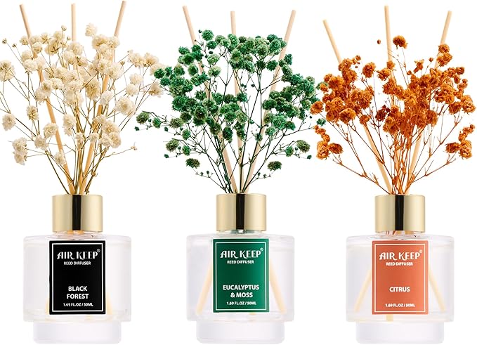Airkeep Reed Diffuser Set of 3, Black Forest Eucalyptus Moss Citrus Oil Reed Diffusers for Bedroom Living Room Office Aromatherapy Oil Reed Diffuser for Gift 50ml x 3