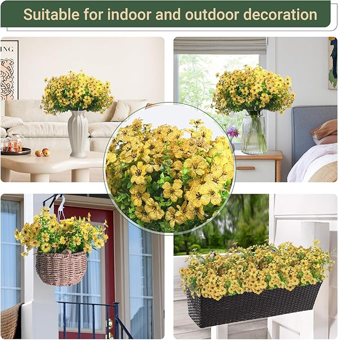24 Bundles Artificial Flowers for Outdoors & Indoors – UV Resistant Faux Plastic Plants for Garden, Patio, Porch, Window Box, Home Decor – Lush & Vibrant Fake Flowers, Yellow