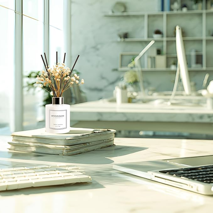 Flower Reed Diffuser Set,5.1oz White Jasmine Scent Diffuser with Sticks Home Fragrance Reed Diffuser with Essential Oil for Bathroom Shelf Decor&Air Freshener,Home Bathroom Office Decor&Gifts