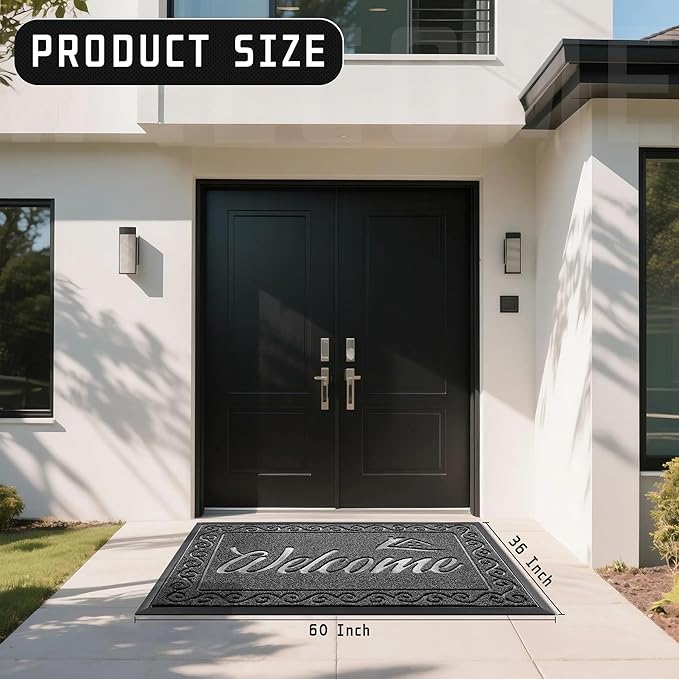 Yimobra Welcome Mat, Heavy Duty Sturdy Door Mats for Home Entrance Outdoor Indoor, Front Doormat for Outside Patio Floor Entry Porch Garage Office, Waterproof, Low Profile, 60 x 36, Black Grey