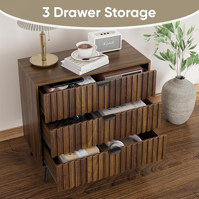Fluted 3 Drawers Dresser, 31.5“ W Mid- Century Modern Wooden Chest of Drawers, Large Night Stand Organizer for Bedroom, Closet, Hallway, Entryway, Walnut