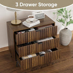 Fluted 3 Drawers Dresser, 31.5“ W Mid- Century Modern Wooden Chest of Drawers, Large Night Stand Organizer for Bedroom, Closet, Hallway, Entryway, Walnut