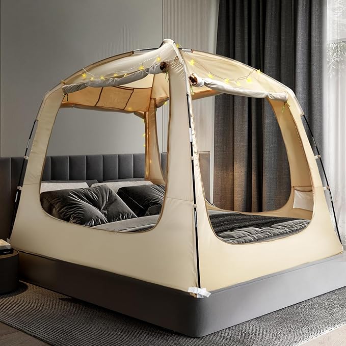 Bed Tent Bed Canopy Breathable 100% for Adult and Kids Light Reduction Sleeping Dream Tents Indoor Portable Big Space with String Light 4 Doors Twin Full Queen King Size