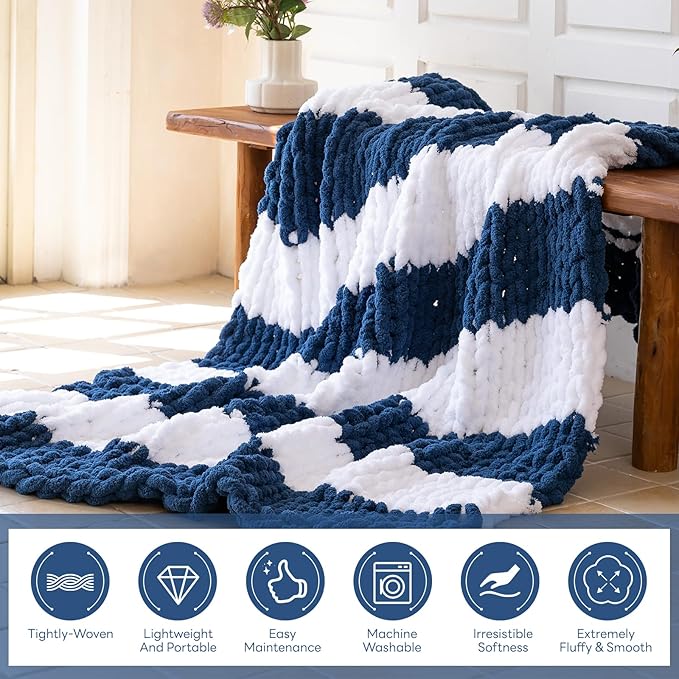 Chunky Knit Blanket - Luxury Soft Cozy 50 * 60 Throw Blanket,100% Woven Blanket Rope Knot Throw Blanket for Couch, Sofa, Home Decor, Gift - Machine Washable（White/Deep Blue）