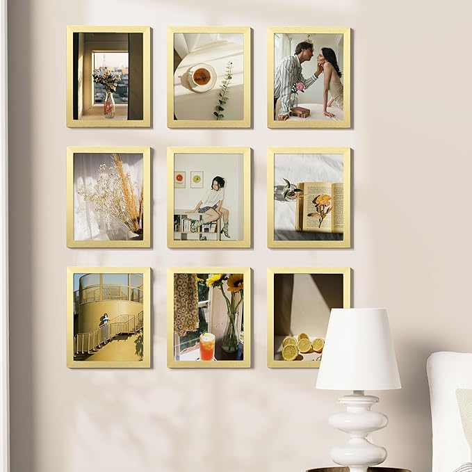 Vittanly 8x10 Picture Frames Set of 9, Shatter Resistant Plexiglass, Display 5x7 Pictures with Mat or 8x10 without Mat, Photo Frames for Wall or Tabletop, Engineered Wood, Gold