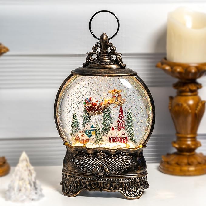 Christmas Village Snow Globe Lighted Flying Santa Scene, Musical Snow Water Lantern Swirling Glittering Home Decoration and Gift, Battery Operated or USB Powered