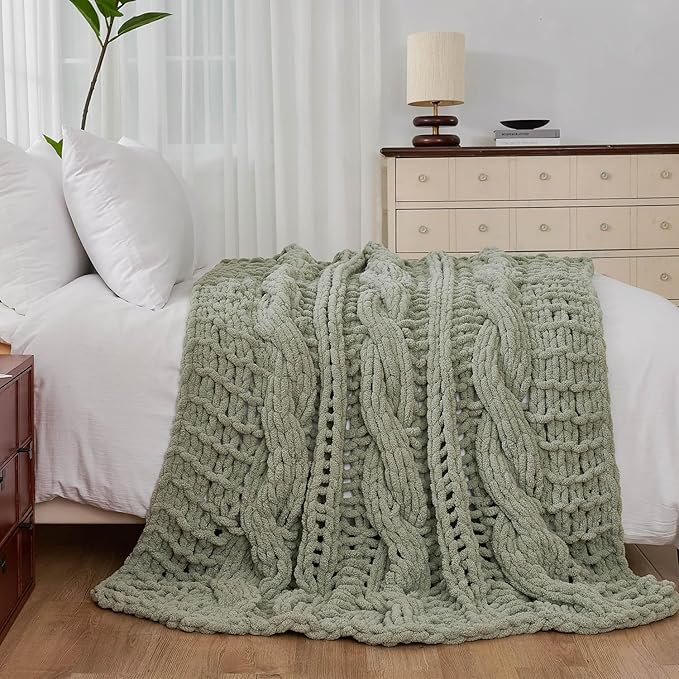 Esterra Chunky Knit Blanket Throw 50"x60", 100% Hand Knitted Chenille Throw Blanket, Cozy Soft Thick Cable Knit Throw Large Rope Knot Crochet Throw Blanket for Sofa Couch Bed, Sage Green