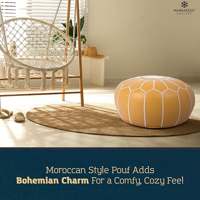 Marrakesh Gallery Genuine Leather Round Pouf Unstuffed - Moroccan Ottoman Footstool, Footrest Cover - Boho Decor - Bohemian Living Room, Bedroom, Kids Room, Gift & Wedding