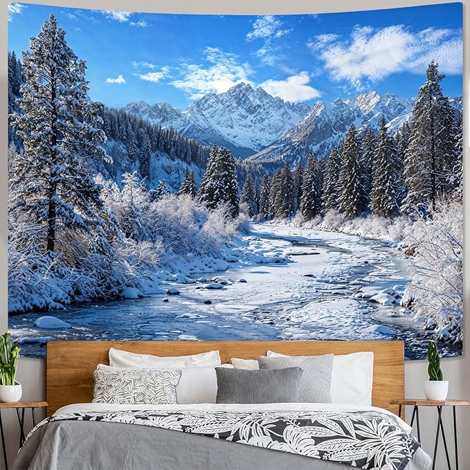 AMM Winter Forest Snow Mountain Tapestry Snowy Pine Tree Woodland Tapestry for Bedroom Aesthetic White Clouds Flowing River Landscape Tapestries Wall Hanging for Living Room Dorm Office 90 x 68 Inch