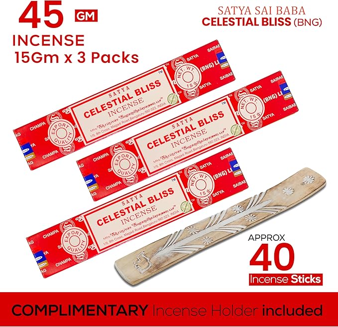 Raajsee Satya Celestial Bliss Nagchampa Incense, 15gmx3 Pack (12 Sets, 160 Pieces, 180g) with Raajsee Incense Holder