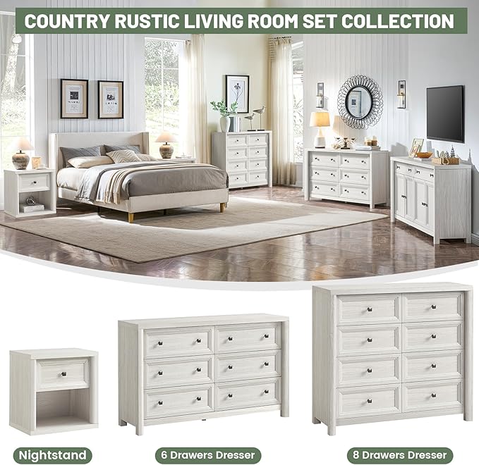 41" Tall White Dresser, Farmhouse 8 Drawers Dressers for Bedroom, Vertical Chest of Drawers for Bedroom Nursery with Metal Handle, Modern Rustic Wood Dresser for Closet, Living Room