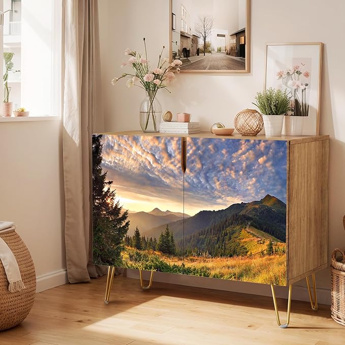 SIGNWIN Sideboard Buffet Cabinet, Kitchen Storage Cabinet with 2 Doors, Sunset Sky Autumn Mountain Valleyism, Cupboard Console Table for Dining Room - 35" L x 18" W x 29" H