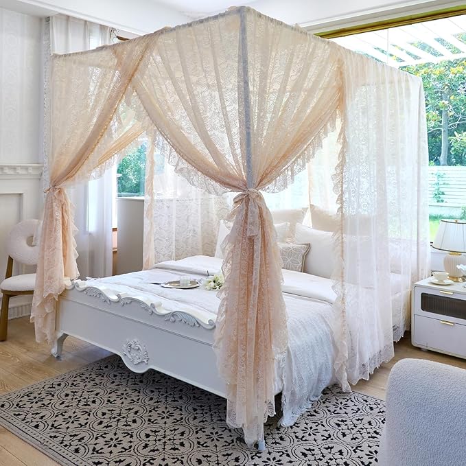AIKASY Elegant Lace Princess 4-Poster Bed Canopy Mosquito Net - Romantic Wedding Bridal Bedroom Decor, Kids Room Bed Curtain for Women Adults - (Cream-1,King)