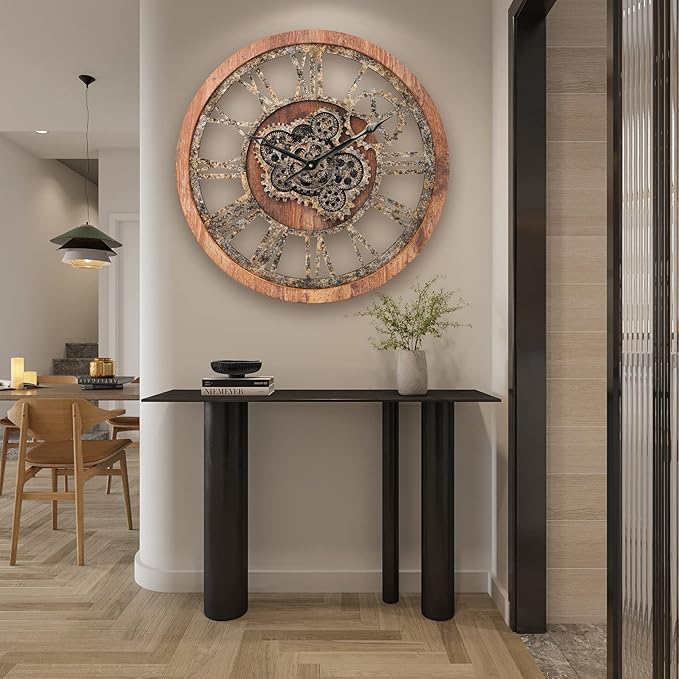 HOIBAI Large Wall Clock 24 Inch Large Clocks for Living Room Decor with Moving Gears Vintage Industrial Steampunk Farmhouse Big Clock for Home Kitchen Bedroom Office