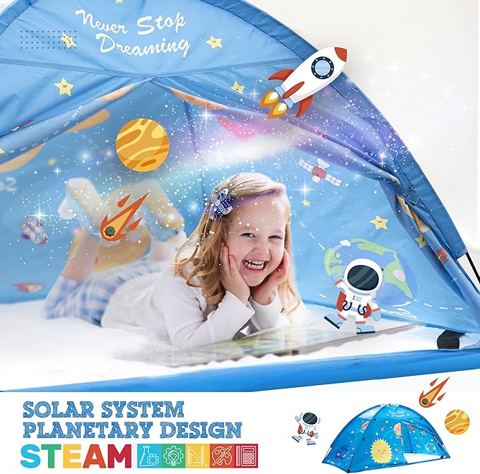 Outer Space Twin Bed Tent for Kids Indoor Fort - Magical Dream Tents for Boys Pop Up Toddler Bed Canopy for Girls Bunk Bed Tent for Top Bunk - Sensory Sleep Pod for Kids Educational