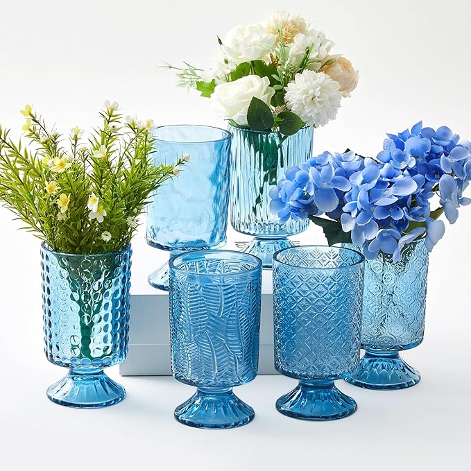 6 Pcs (H:7" W:4") Embossed Flower Vase Fall Pedestal Glass Vase Big Base Thickened Crystal Vintage Vases for Autumn Wedding Home Decor Table Centerpiece House Warming Gifts(Blue)
