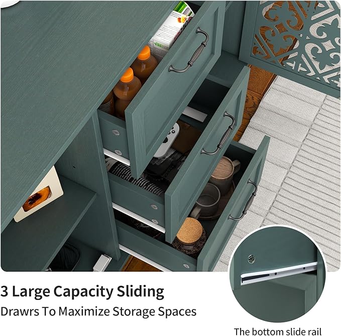 Sideboard Buffet Credenza - Modern 2 Door 3 Drawer Cabinet with Storage, Accent Cabinet with Carved Pattern, Farmhouse Wood for Living and Dining Area (Green)
