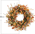 Bibelot Fall Front Door Wreath, 22" Artificial Floral with Colorful Daisies and Autumn Foliage - Orange for Wall, Window and Thanksgiving Decor