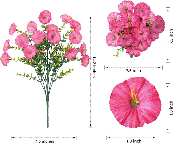 HyeFlora Artificial Flowers for Outdoors Fake Plants Outside Decoration, 12 Bundles Silk Pink Morning Glory with Eucalyptus UV Resistant Look Real Faux Flowers for Planter Front Door Yard Gardens Home