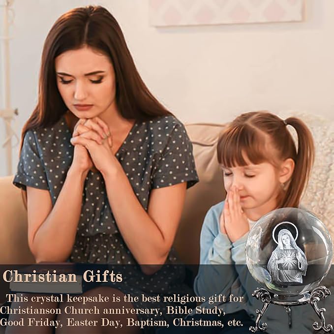 ZEERSHEE 3D The Virgin Mary Holding The Bible Crystal Ball with Stand Blessed Mother Statues Paperweight Christian Catholic Religious Gifts for Women Men